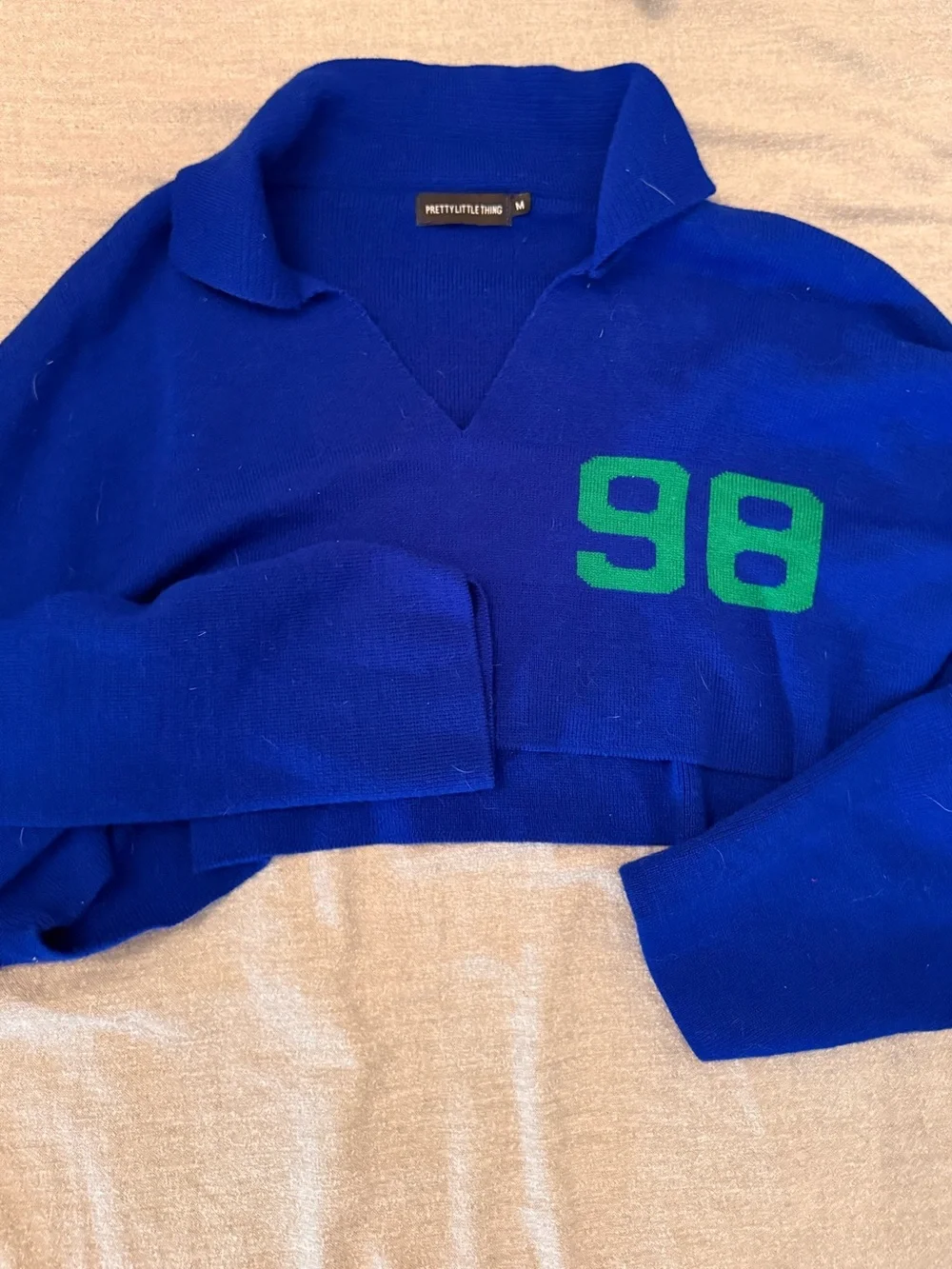 Pretty little thing Royal Blue V-Neck Cropped Sweater with Green ’98’